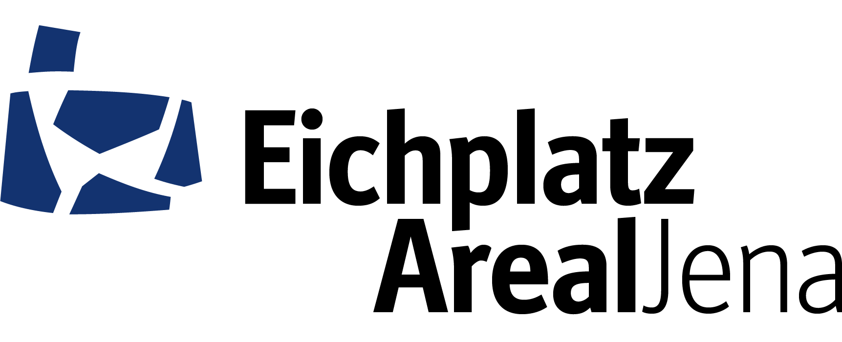 Logo des Eichplatzareals: 5 blaue Flächen auf weißen Grund und der Schriftzug EichplatzAreal Jena